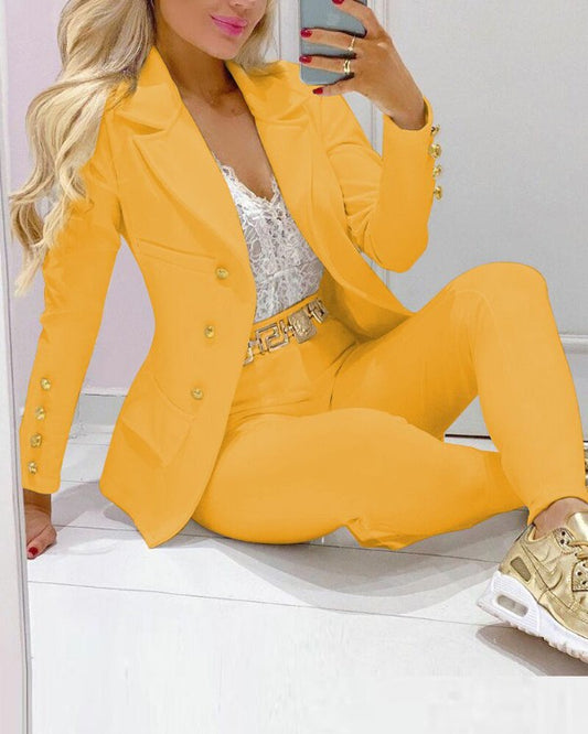 Women's Elegant Solid Color Business Suits Set for Autumn New Arrival Ladies Coat and Pants with Button Decoration