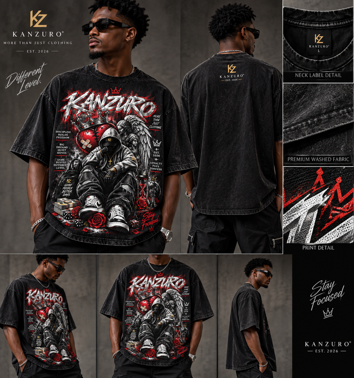 KANZURO Stay Focused™ Oversized Washed Graphic Tee