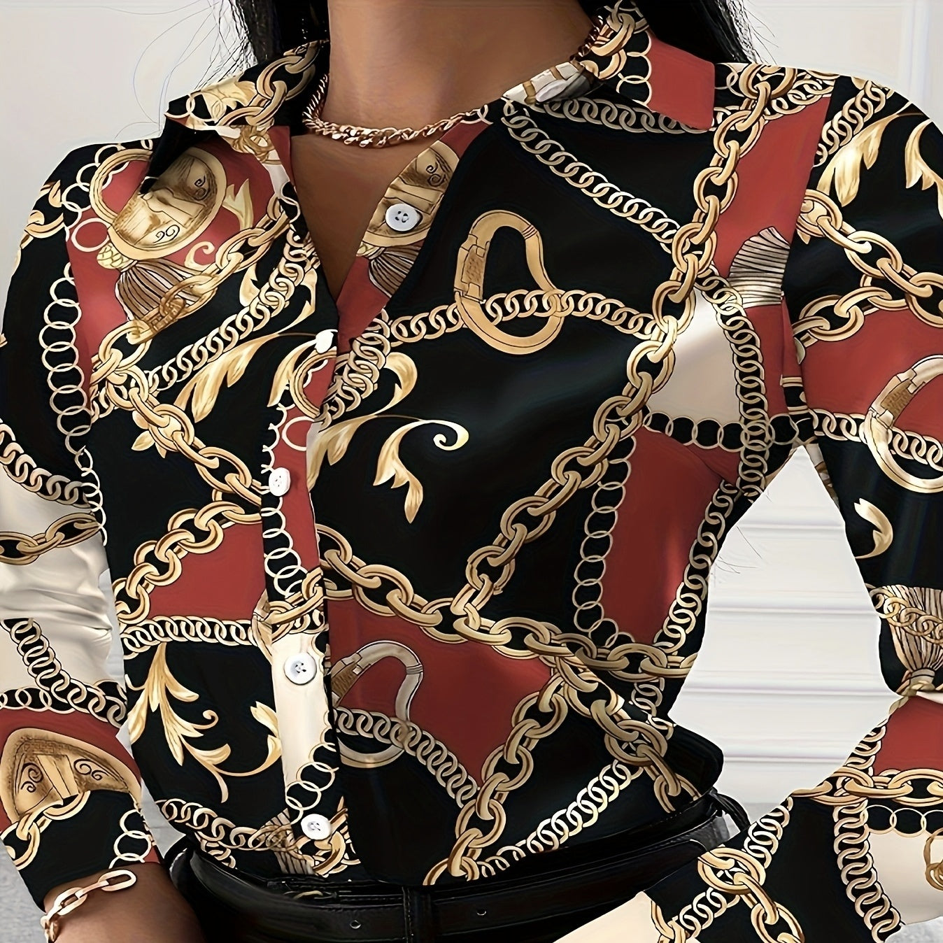 Ladies' Sexy Button Up Shirt With Fashionable Chain Print V-neck Lapel Long Sleeved Top