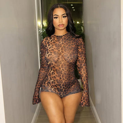 Leopard Backless Romper Night Club Wear Slim One Piece Jumpsuit